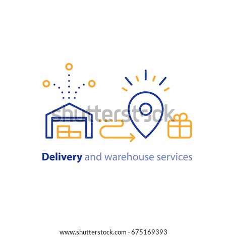 Wholesale warehouse distribution center concept, delivery chain solution and transportation services logo elements, shipping multiple order line icon, combined parcel outline vector