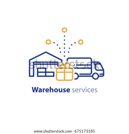 Warehouse distribution solution concept, truck delivery services and transportation company logo elements, shipping multiple order line icon, combined parcel outline vector