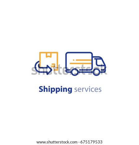 Truck delivery services, fast relocation, transportation company logo elements, shipping order, distribution line icon, return parcel outline vector