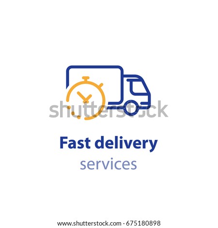 Timely delivery concept, truck and clock, order shipping on time, fast distribution services, shipment delay vector line icon