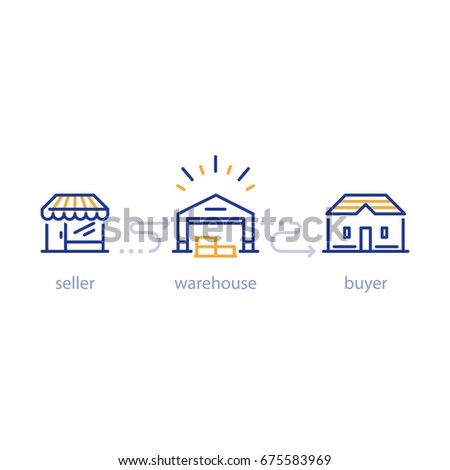 Warehouse building with forklift truck, storage services, distribution center, vector line icons