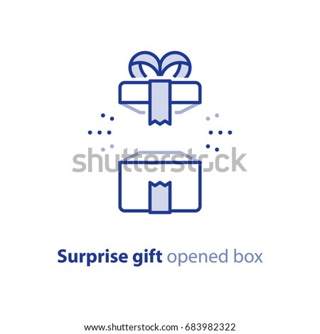 Surprise gift icon, opened white box with ribbon, best present, super prize concept, special event celebration, receiving birthday gift, vector flat design illustration