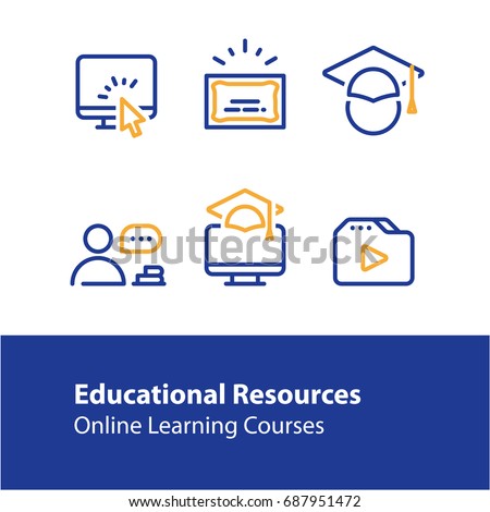 Educational resources vector line icon set, online learning courses, distance education, university degree, graduation hat, e-learning tutorials