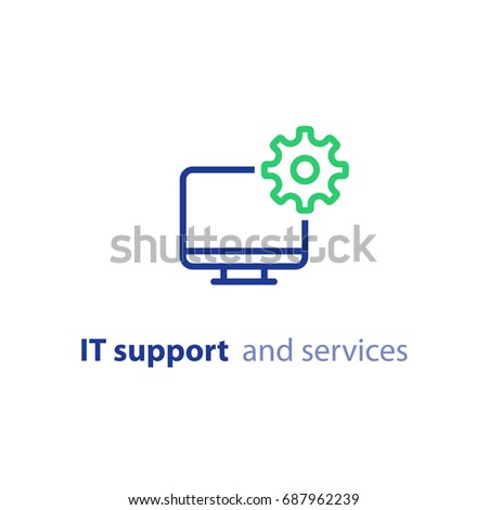 Computer repairing, IT support and services concept, software development, system administration, desktop upgrade and update, program installation, vector line icon, stroke