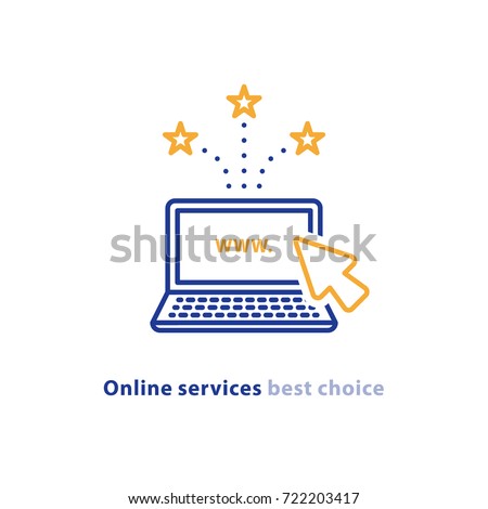 Online services, web design, new website promotion, e-commerce and marketing concept, internet provider, laptop cursor, vector line icon