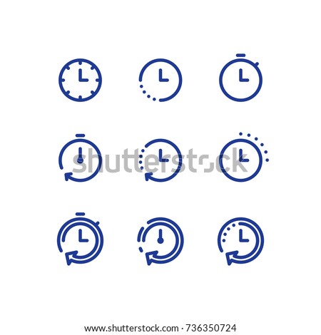 Fast time logo, stop watch symbol,  time period concept, working hours,  quick timely delivery, express and urgent services, deadline and delay, vector stroke icon set