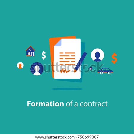 Contract creation service, document formation, application form composition, obligation concept, last will paper, prenup terms conditions, divorce property separation, settlement agreement vector icon