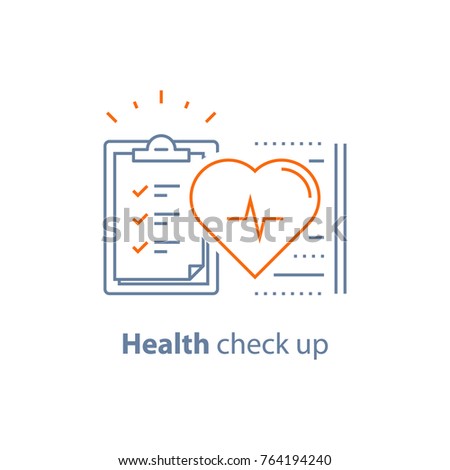 Health check up checklist, cardiovascular disease prevention test, heart diagnostic, electrocardiography service, undergo ecg procedure, medical checkup clipboard, hypertension risk, vector line icon