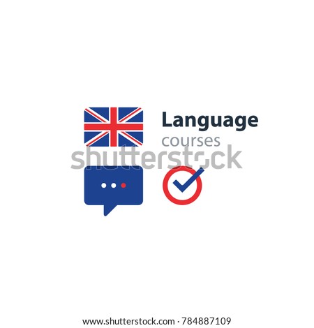 British english language class concept icon set and flag logo, language exchange program, forum and international communication sign. Flat design vector illustration