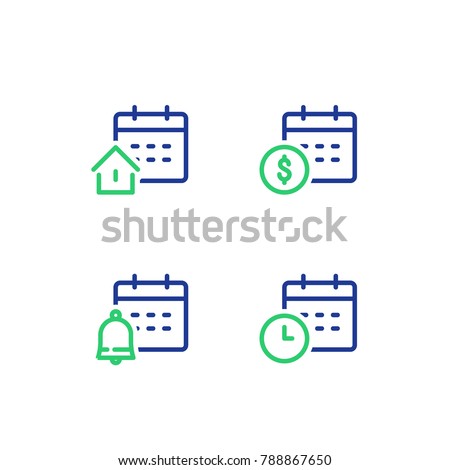 Finance calendar, time period, monthly payment, mortgage loan concept, real estate, bell reminder, vector line icon