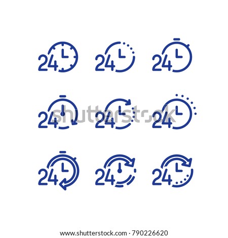 24 hours service daily, fast time logo, stop watch symbol, time period concept, working hours, quick timely delivery, express and urgent services, vector line icon set