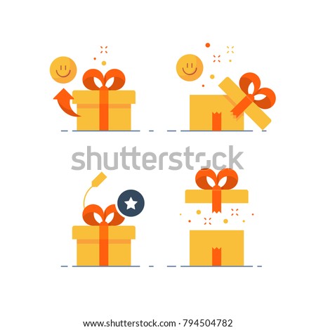 Surprising gift set, prize give away, emotional present, fun experience, unusual gift idea concept, opened yellow box with red ribbon, flat design icon vector illustration