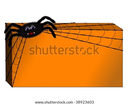 A cute spider wrapping a spider web around an orange box.