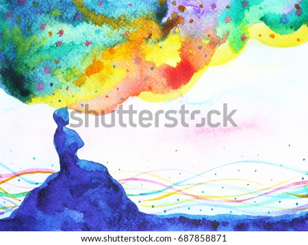 power of thinking, abstract imagination, world, universe inside your mind, watercolor painting