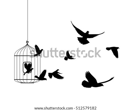 Liberation symbol. Birds flying out of cage