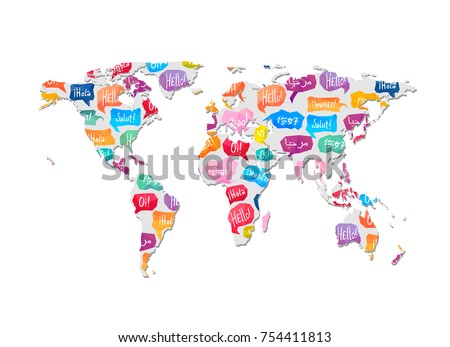 World map with pattern of speaking bubbles with word Hello in different languages