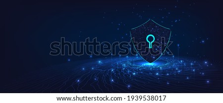 Cyber security.Shield symbol on dark blue background.Illustrates cyber data security.Vector illustration 3D protection. 