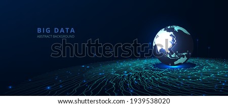 Big data network visualization concept.Vector big data visualization. 3d Round with Wave Lines moving towards the world. Futuristic infographic vector illustration. 