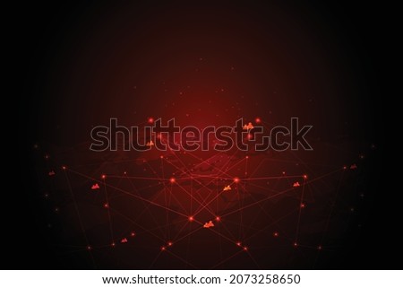 Global cyber attack.Internet network communication under cyber attack with dark red background and icons, worldwide propagation of virus online.Vector illustration.