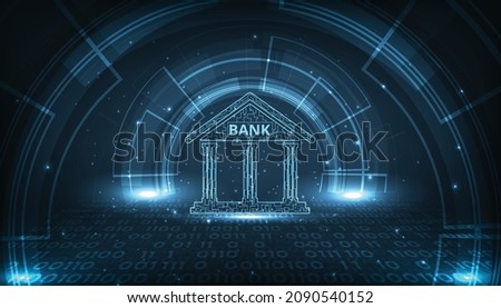 Banking Technology concept design.Isometric illustration of bank on dark blue technology background. Digital connect system.Financial and Banking  technology concept.Vector illustration.EPS 10.