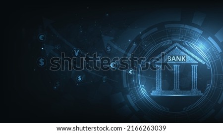 Banking and Finance concept illustration.Banking Technology concept.Isometric illustration of bank on dark blue technology background. Digital connect system.Financial and Banking technology concept.