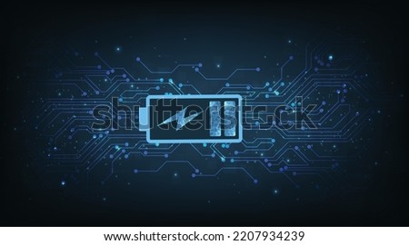 Energy Concept. Battery Icon on electric circuit digital background. Futuristic battery quick charging power source concept.