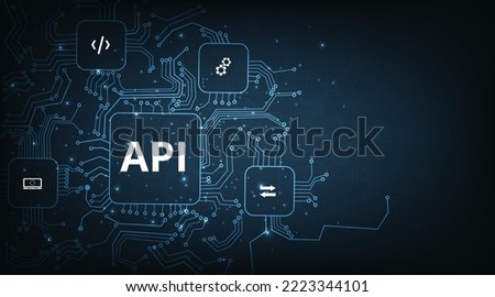 Application Programming Interface (API) concept. Software development tool, information technology, modern technology, internet and networking concept on dark blue background.