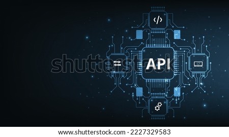 Application Programming Interface (API). Software development tool, information technology, modern technology, internet and networking concept on dark blue background.