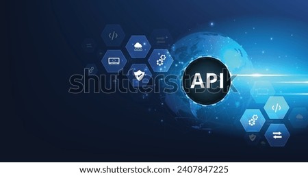 Application Programming Interface (API) concept. Software development tools, information technology, modern technology, internet, and networking concepts on a dark blue background.	