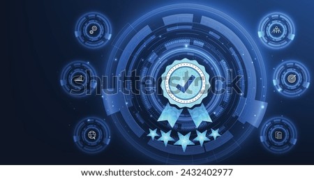 Quality management and validation process concept. Quality Assurance (QA) and Quality Control (QC), ISO certification, The icon for quality assurance is on a dark blue background.