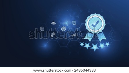 Quality management and validation process concept. Quality Assurance (QA) and Quality Control (QC), ISO certification, The icon for quality assurance is on a dark blue background.	