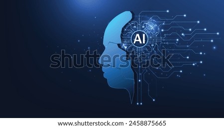 Electronic brain and Concept of artificial intelligence(AI).Graphic of a digital brain and Human head outline made from circuit board, connecting on a dark blue background.