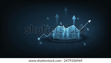 Real estate concept. House icon and up arrow on a dark blue background. Real estate investment ideas, home interest rates housing sales, real estate market.
