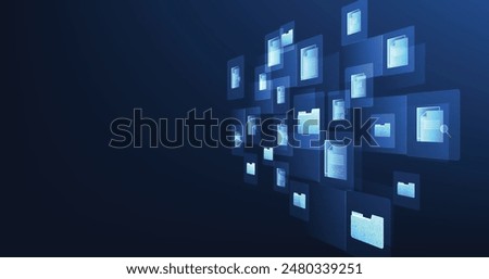 Document management and digital document paperless operation concept. Document management and Data transfer through cloud technology with modern internet technology on the dark blue background.