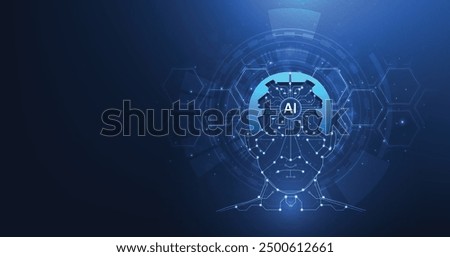 Electronic brain and Concept of artificial intelligence(AI).Graphic of a digital brain and Human head outline made from circuit board, connecting on dark blue background.	