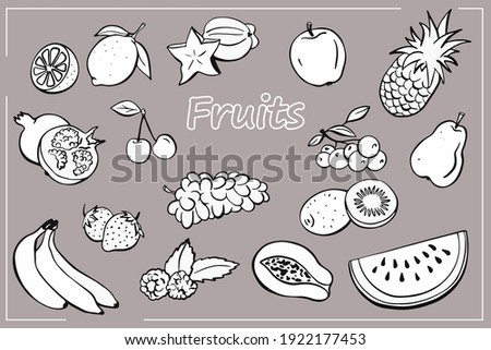 Set of Hand-drawning fruits and berries in line style. Vector illustration. Kiwi, pear, grape, banana, strawberry, watermelon, cherry, raspberries, pineapple, carambola, papaya, lemon, apple.