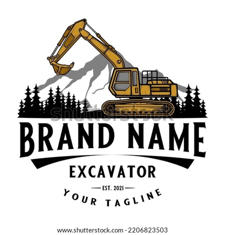 excavator vector logo. mountain and pine tree excavators for construction, land clearing and construction companies.