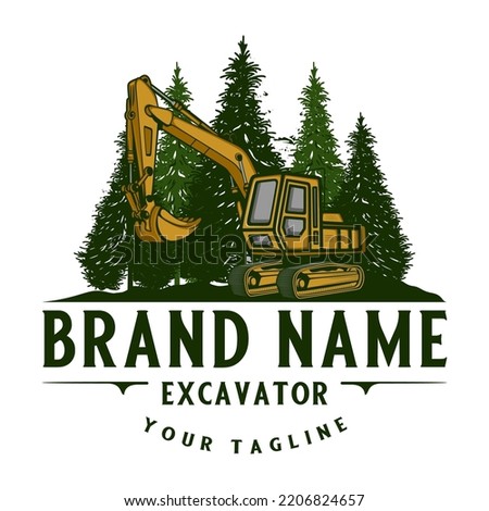 excavator vector logo. pine tree and excavators for construction, land clearing and construction companies.