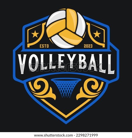 Volleyball Sport vector Logo design. emblem shape with volleyball icon above brand name, perfect for volleyball team