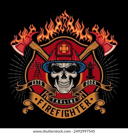 firefighter logo. skull element wearing helmet on head, crossed axes, burning fire, firefighter vector design