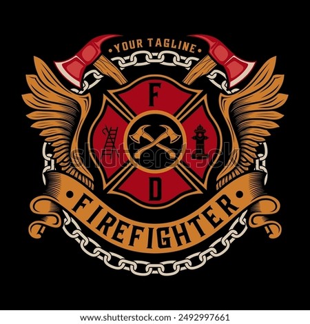 Firefighter vector logo design. chains, stretched wings, and ax elements, perfect for a firefighting company.