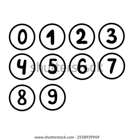 Hand drawn simple round numbers in flat style, Collection of numbers 1-0 simple black symbol signs for apps, UI and websites, doodle art