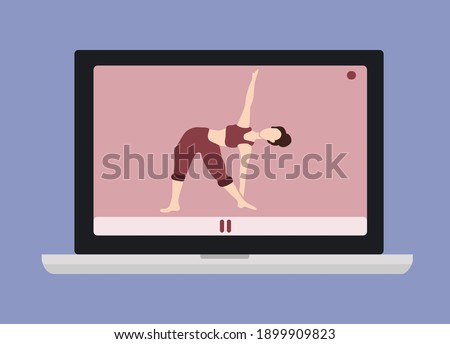 
vector hand drawn illustration - a laptop on the screen of which the girl is engaged in yoga. online yoga, sports on the Internet. trending flat illustration for websites, magazines, applications