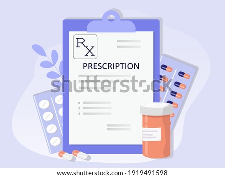 vector hand drawn illustration - prescription for medicines and jars and blisters with pills. picture on the topic of medicine and pharmacology. flat illustration for magazines, websites and apps Imagine de stoc © 