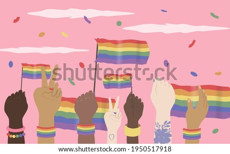 vector illustration on the theme of the lgbt movement, queer community. hands of people of different races with rainbow flags. lgbt pride, gay pride. flat modern illustration