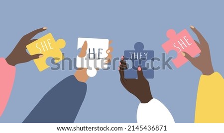 vector illustration on the theme of gender diversity, people with non-binary gender identity, transgender people. Hands of people of different races holding puzzle pieces with pronouns