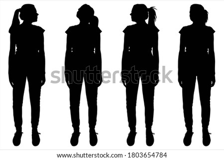 Black silhouettes of the four girls is isolated on a white background. Girl is standing there motionless. Looking sideways, up, out front. Woman in sportswear. Hair on her head is tied in a high tail.