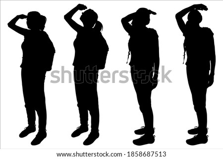 Girls are standing and look around. Tourists with backpacks behind their backs. Hiking. Women look up. Ornitologist. Four black female silhouettes are isolated on a white background.