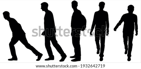 Boy with backpack in back without movement, stands straight, upright. Man runs forward towards the observer. Male silhouette takes a big step forward, falls forward. Side view, profile, full face.