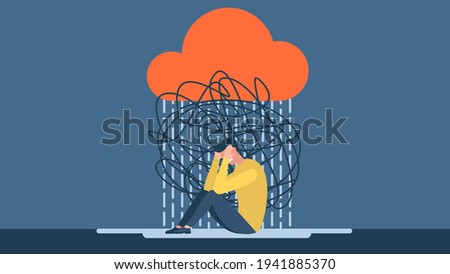 Man with anxiety touch head surrounded by think. Mental disorder and chaos in consciousness. Frustrated guy with nervous problem feel anxiety and confusion of thoughts vector flat illustration. 